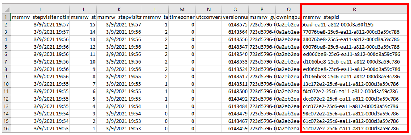 Foglio di calcolo di Excel scaricato con la colonna R selezionata che mostra l'elenco degli ID dei passaggi.