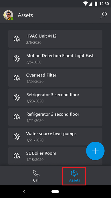 Screenshot della scheda Asset in Dynamics 365 Remote Assist Mobile.