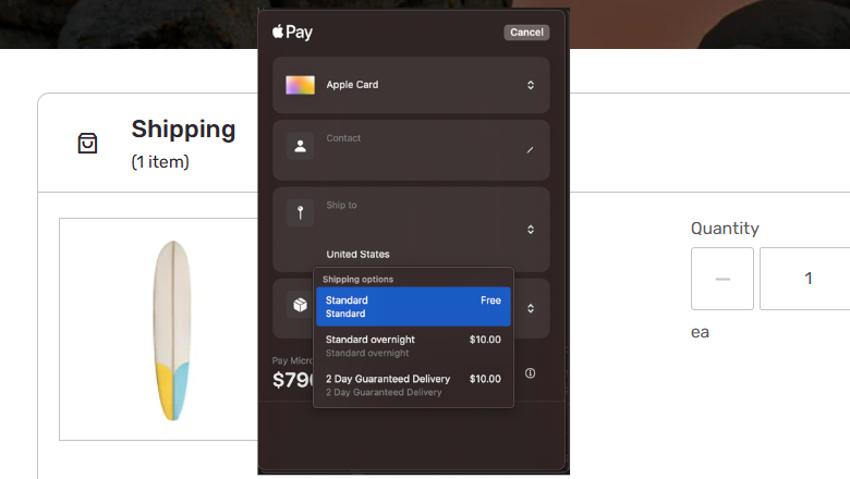 Utilizza Apple Pay per selezionare le l'opzione spedizione quando usi il checkout espresso.