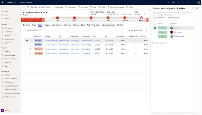 Screenshot che mostra le risorse suggerite visualizzate per il requisito dei membri del team.