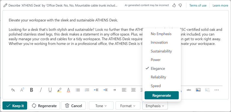 Il testo di cui Copilot ha creato una bozza può essere modificato per adattarlo al tono di voce dell'azienda o mettere l'accento su una qualità.