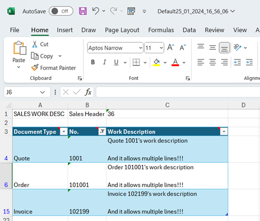 Mostra il campo Descrizione lavoro incluso nel file Excel esportato.