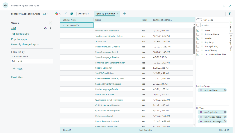 Pagina Modalità analisi per app AppSource