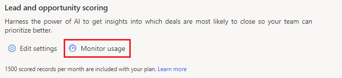 Screenshot della sezione Punteggio lead e opportunità della pagina Inizia con le vendite digitali, con l'opzione Monitorare l'utilizzo evidenziata.