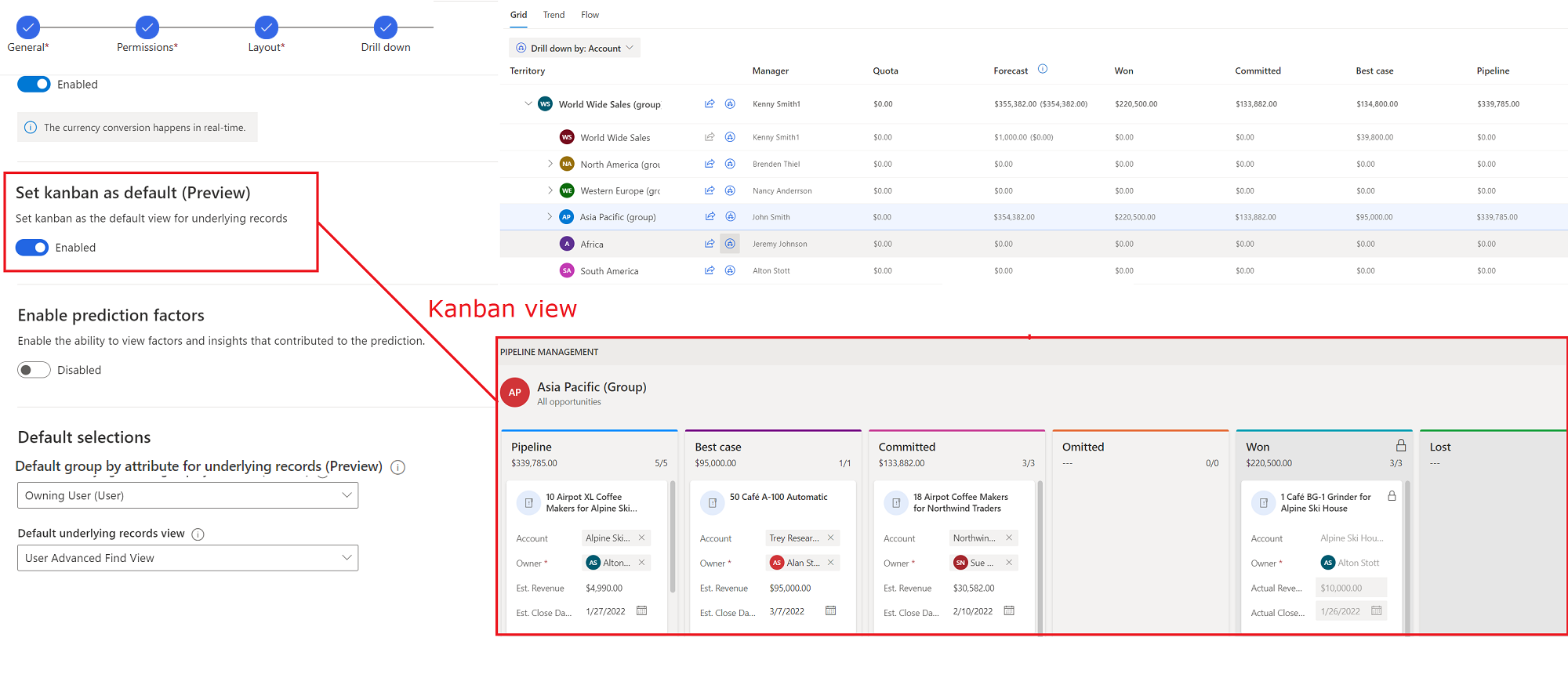 Screenshot di una previsione con Kanban impostato come vista predefinita e record sottostanti mostrati nella vista Kanban.