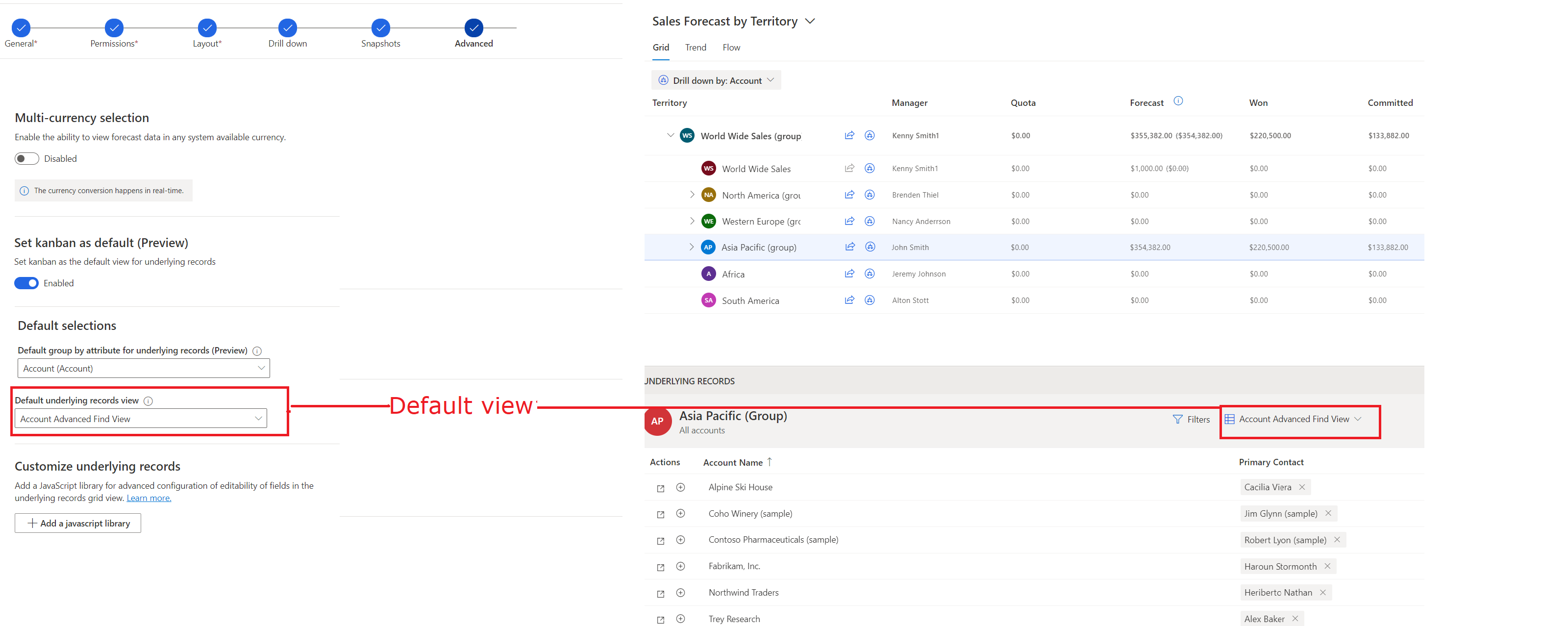 Screenshot dell'opzione di visualizzazione dei record sottostanti predefinita e della visualizzazione che appare nella griglia dei record sottostanti.