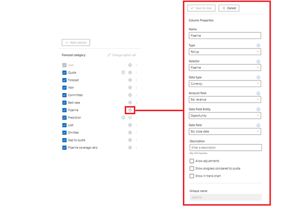 Selezionare l'opzione di configurazione per una colonna.