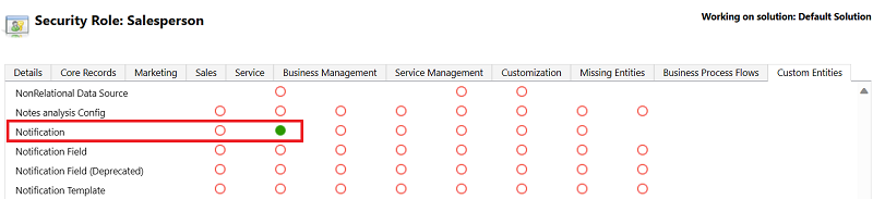 Screenshot della scheda Entità personalizzata, con l'entità Notifica evidenziata