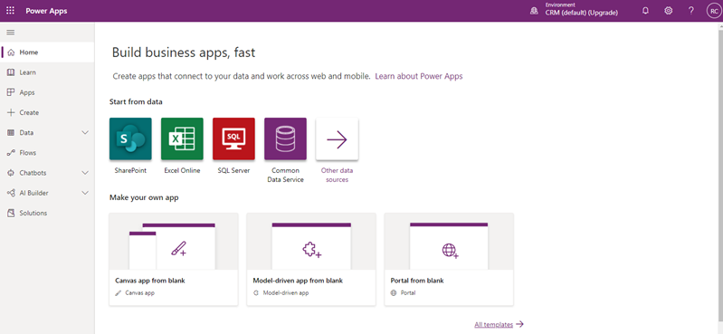 Home page di Power Apps