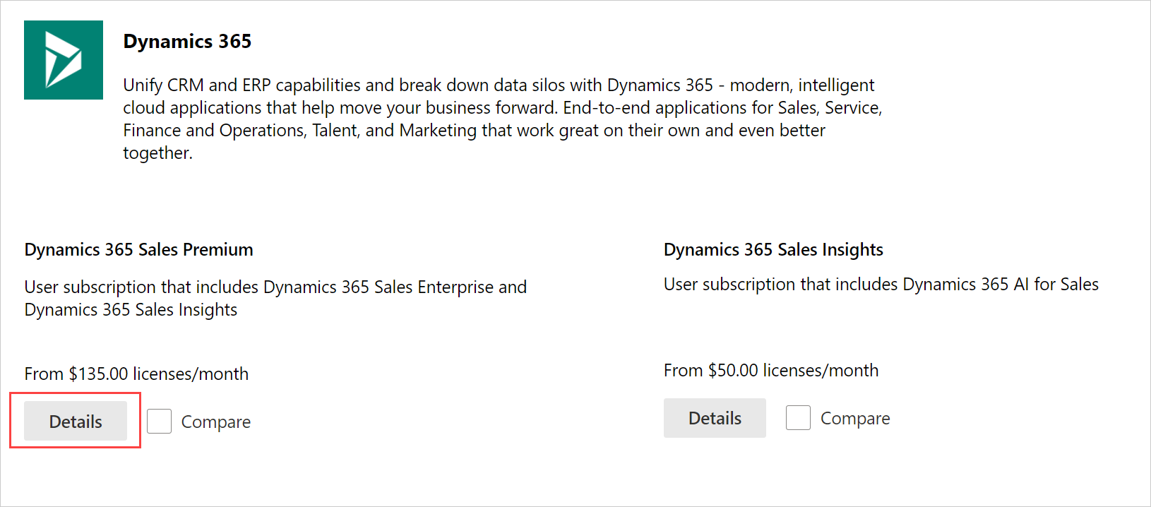 Screenshot della pagina della licenza Dynamics 365 Sales Premium, con il pulsante Dettagli evidenziato.