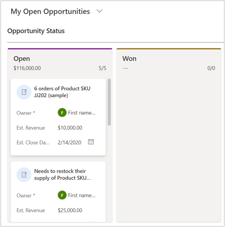 Visualizzazione kanban dell'opportunità basata sullo stato.