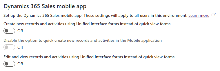 Screenshot delle impostazioni dell'app per dispositivi mobili Dynamics 365 Sales.