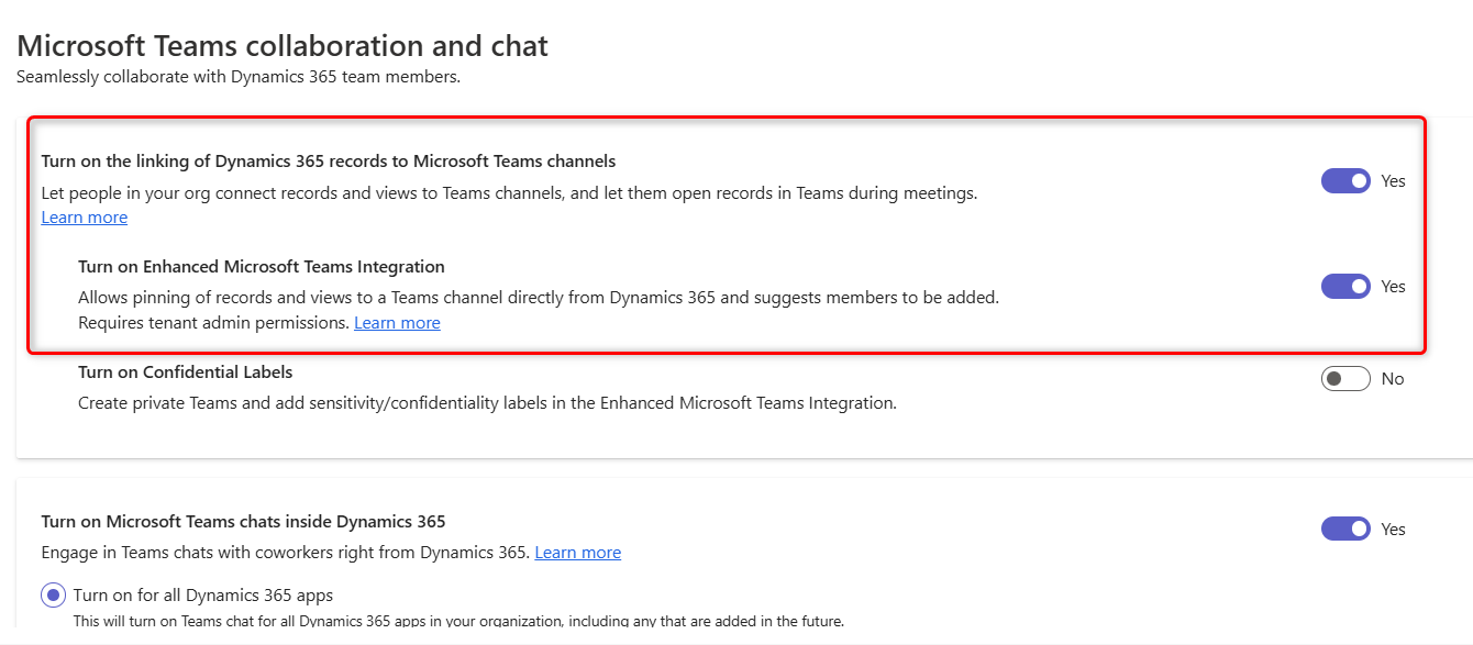 Screenshot delle impostazioni di collaborazione e chat di Microsoft Team