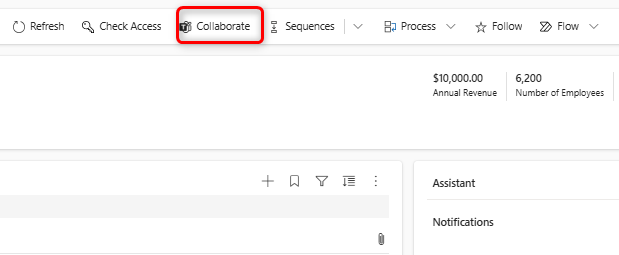 Screenshot dell'opzione Collabora nell'app Dynamics 365.