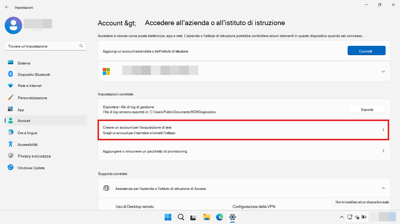 Usare l'app Impostazioni per configurare un account di test.Select Create a test-taking account Use the Settings app to set up a test-taking account.