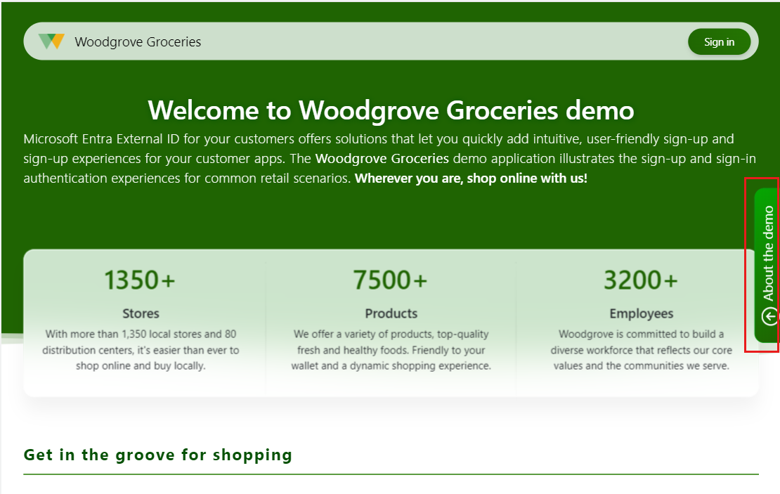 Screenshot della home page della demo Woodgrove Groceries.