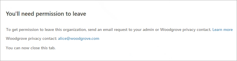 Screenshot che mostra il messaggio quando è necessaria l'autorizzazione per lasciare un'organizzazione.