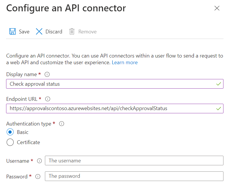 Screenshot della configurazione del connettore API per il controllo dello stato di approvazione.