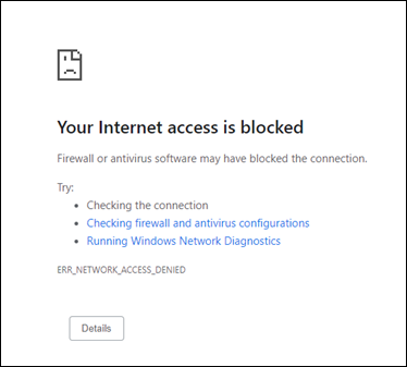 Screenshot che mostra che l'accesso a Internet è bloccato.