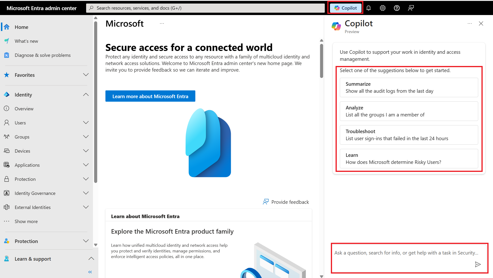 Screenshot che mostra Security Copilot nell'interfaccia di amministrazione di Microsoft Entra.