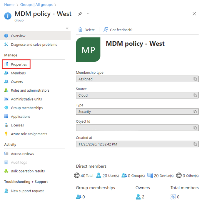 Screenshot della pagina mdm policy – West Overview con le informazioni sui membri.