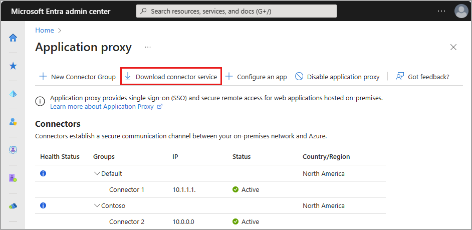 Screenshot del pulsante del servizio di scaricamento dei connettori nella pagina Proxy dell'app.