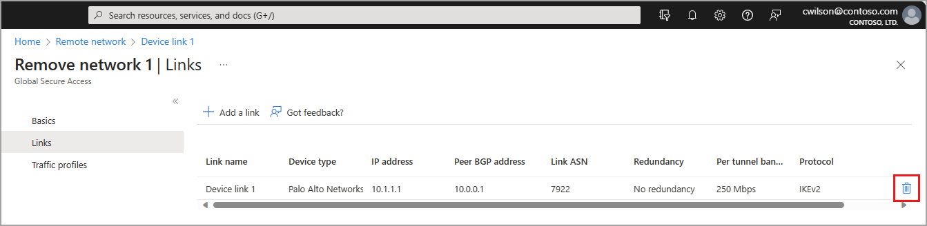 Screenshot dell'opzione di eliminazione nella pagina dei collegamenti dispositivo.