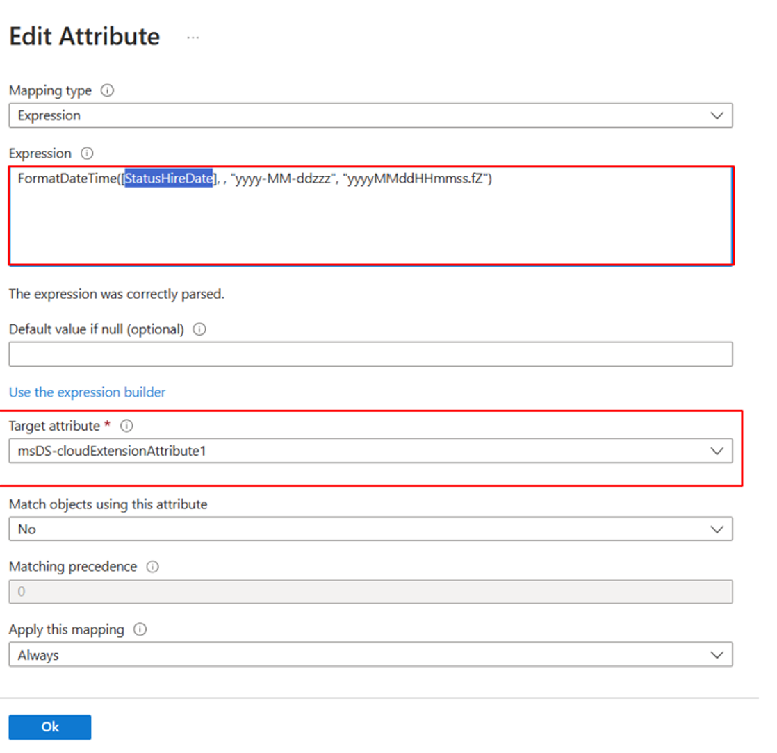 Screenshot dell'impostazione del formato dell'attributo.