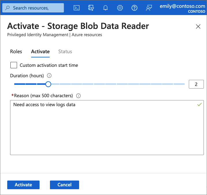 Screenshot dell'attivazione del ruolo Privileged Identity Management.