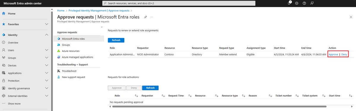 Screenshot che mostra i ruoli di Microsoft Entra - Approvare le richieste di presentazione delle richieste e i collegamenti per approvare o rifiutare.