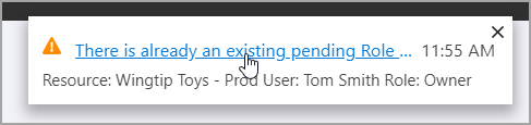 Screenshot di una notifica che spiega che esiste già un'estensione di assegnazione di ruolo in sospeso esistente.