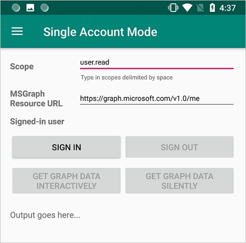 Screenshot dell’app di esempio MSAL che illustra l'utilizzo di account singoli o multipli.