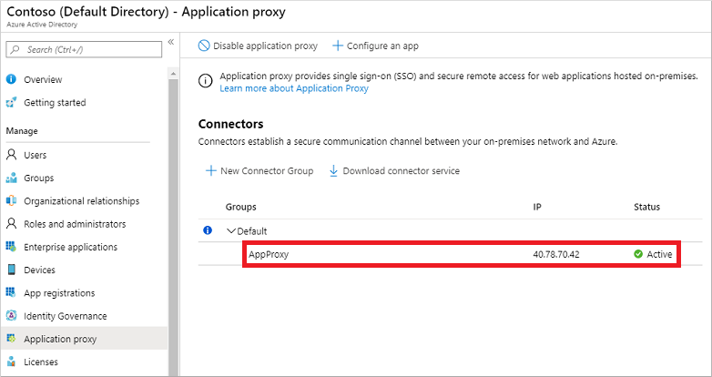 Il nuovo connettore di rete privata Microsoft Entra visualizzato come attivo nell'interfaccia di amministrazione di Microsoft Entra