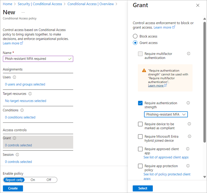 Screenshot di un criterio di accesso condizionale con un livello di autenticazione configurato nei controlli di concessione.