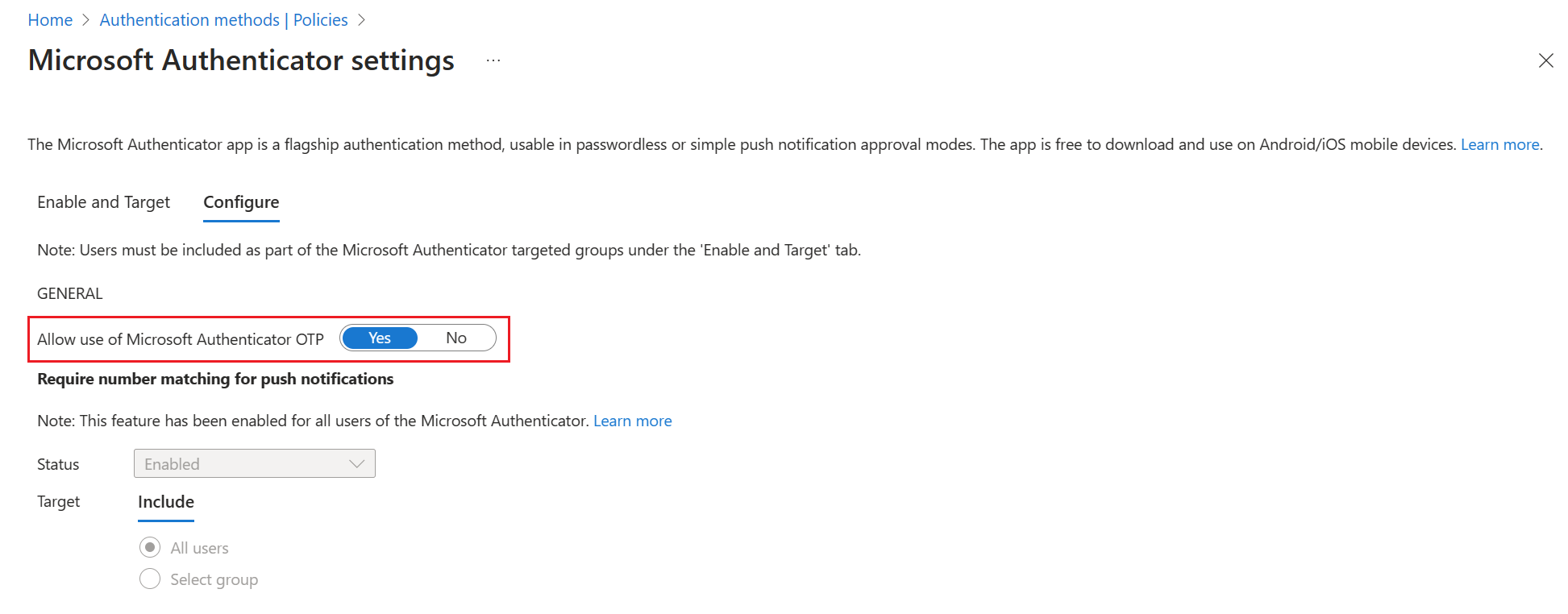 Screenshot dell’OTP per Microsoft Authenticator.