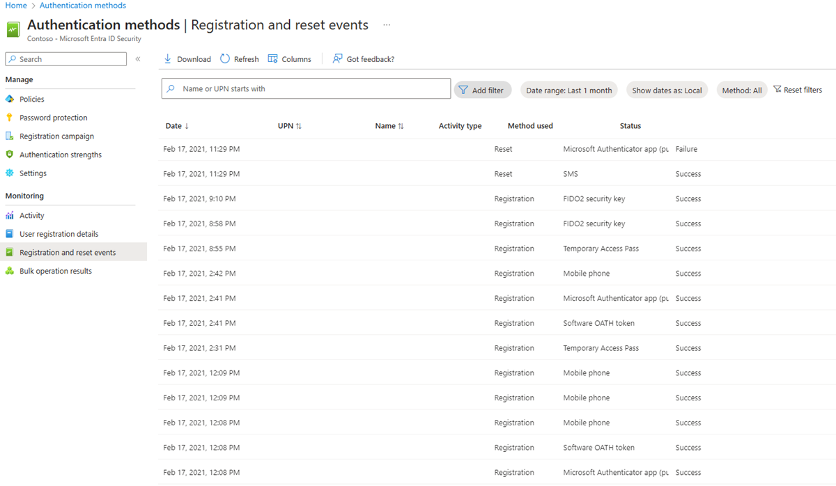 Screenshot degli eventi di registrazione e ripristino