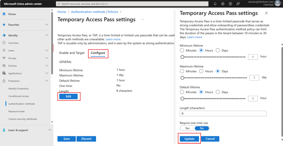 Screenshot di come personalizzare le impostazioni per il pass di accesso temporaneo.