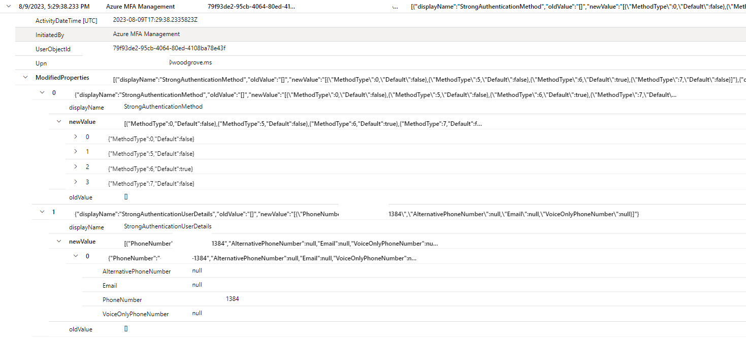 Screenshot di Log Analytics per l'utente migrato.