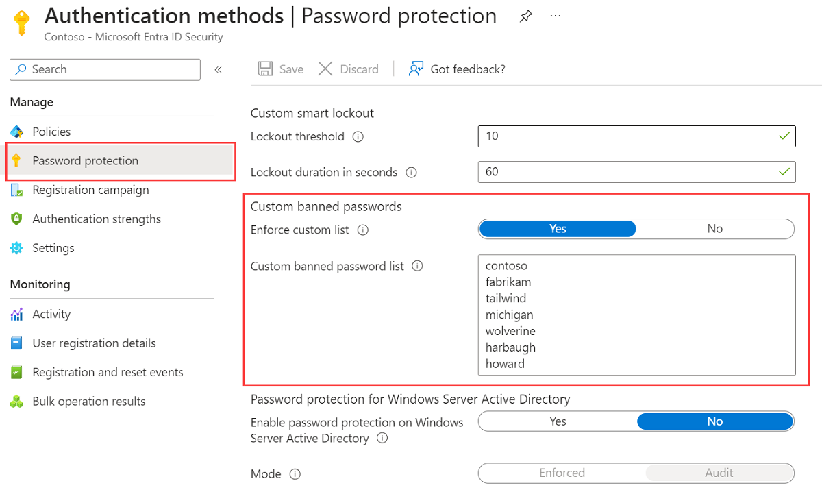 Modificare l'elenco personalizzato di password escluse in Metodi di autenticazione