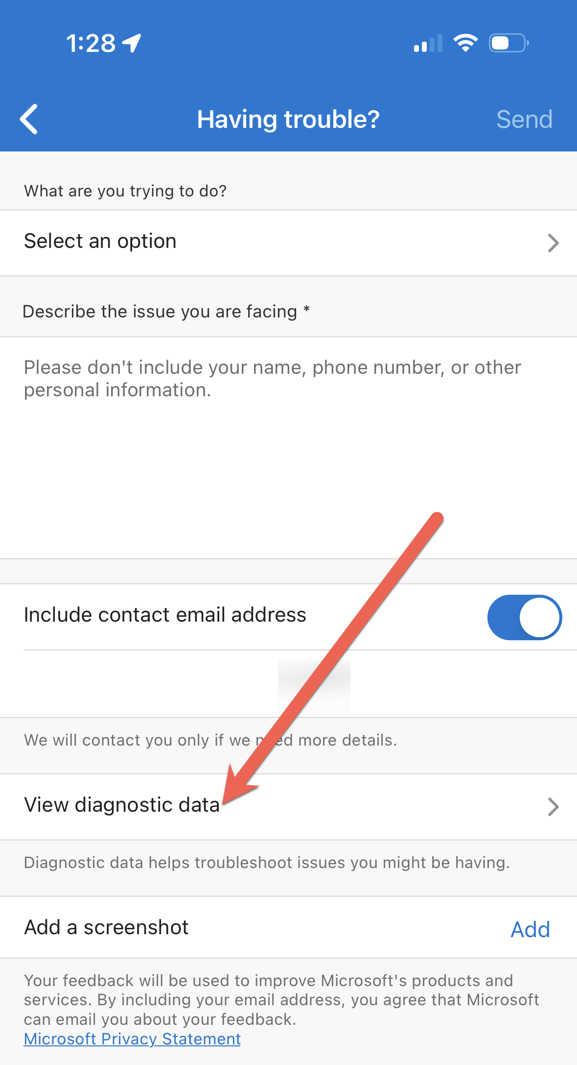 Screenshot che mostra il pulsante Visualizza dati di diagnostica nell'app Microsoft Authenticator.