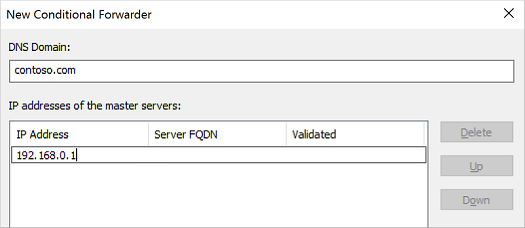 Screenshot che mostra come aggiungere e configurare un server d'inoltro condizionale per il server DNS.