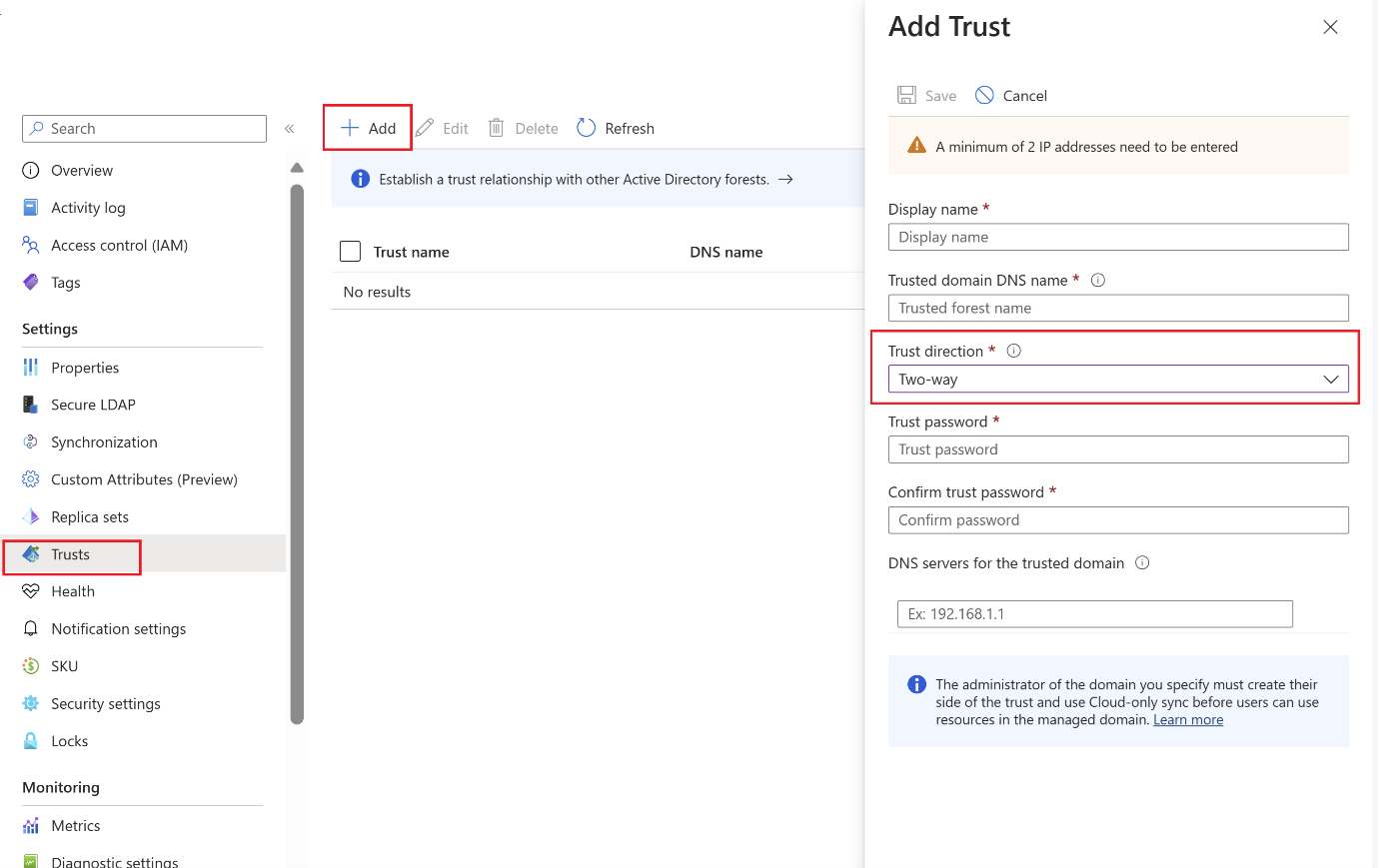 Screenshot che mostra come creare un trust tra foreste in uscita nell'interfaccia di amministrazione di Microsoft Entra.