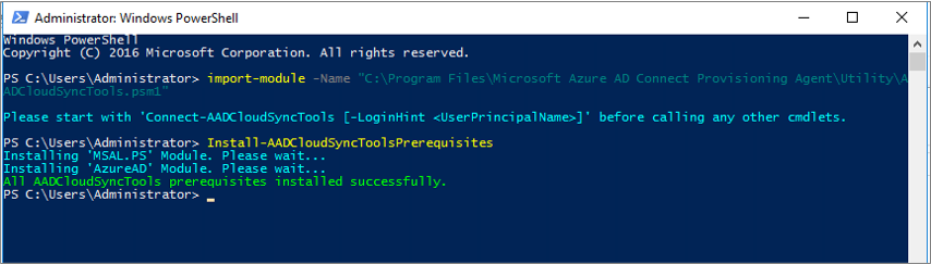 Screenshot della notifica nella finestra di PowerShell che informa che i prerequisiti sono stati installati correttamente.