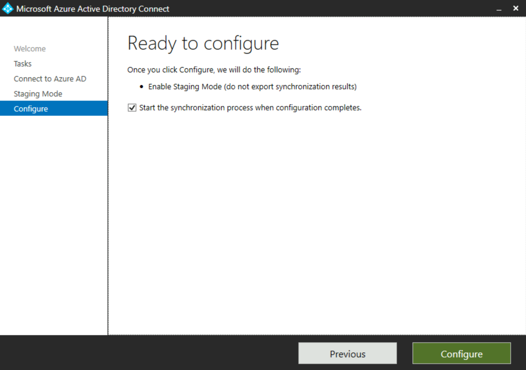 Screenshot che mostra la schermata Pronto per la configurazione nella finestra di dialogo Active Microsoft Entra Connect.