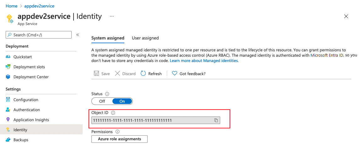 Screenshot che mostra come ottenere l'ID oggetto dell'identità assegnata dal sistema