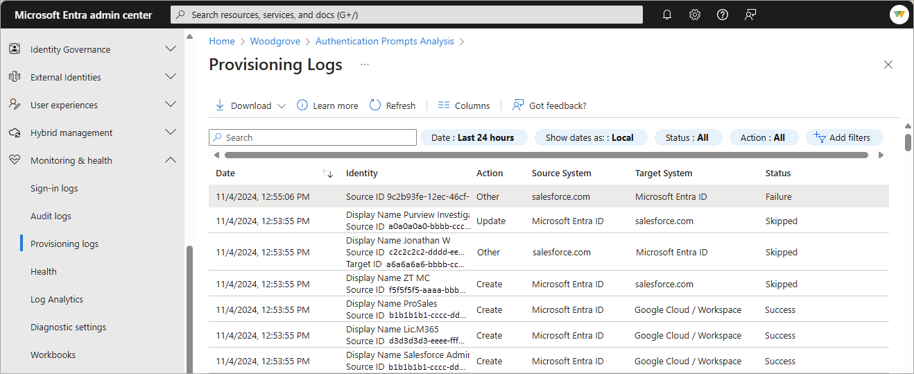 Screenshot dei log di provisioning che mostra un'ampia gamma di dettagli.