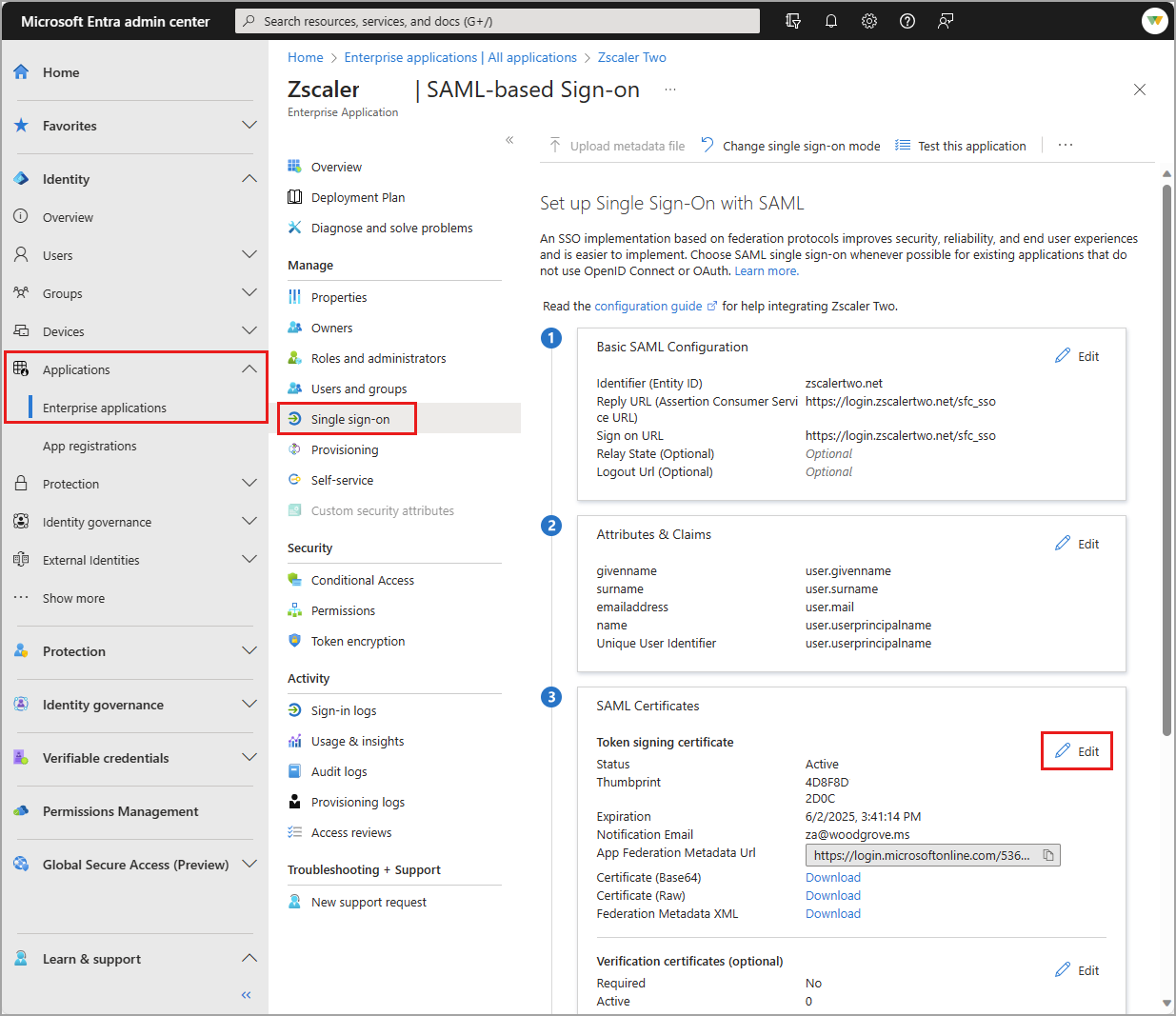 Screenshot del processo di modifica dell'accesso Single Sign-On.