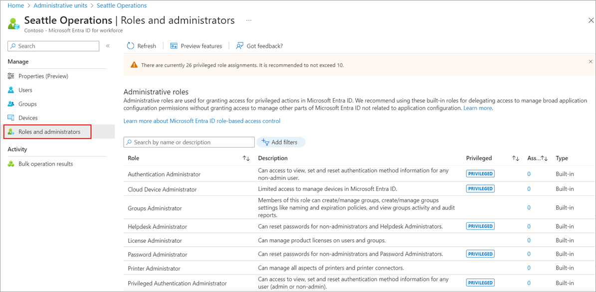 Menu Ruoli e amministratori in Unità amministrative in Microsoft Entra ID.