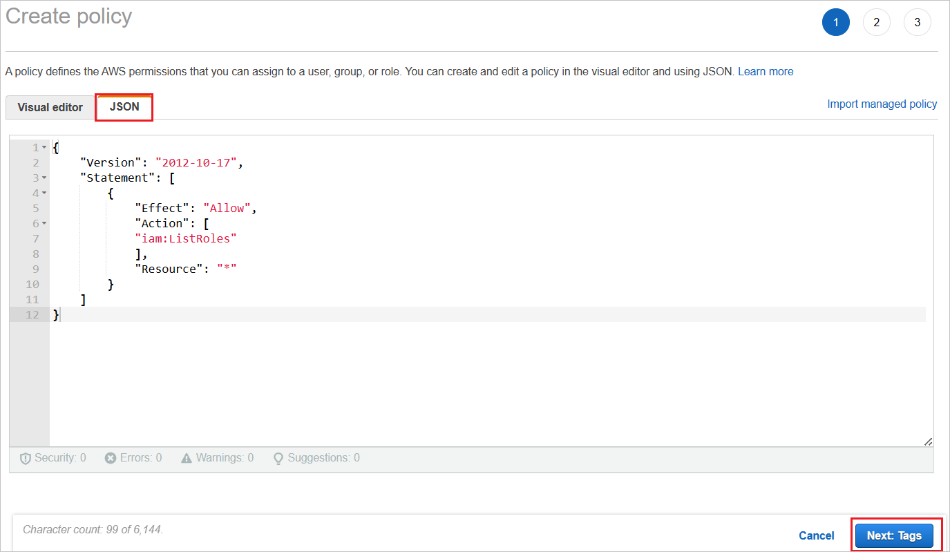 Screenshot della pagina Crea criterio con JSON evidenziato.