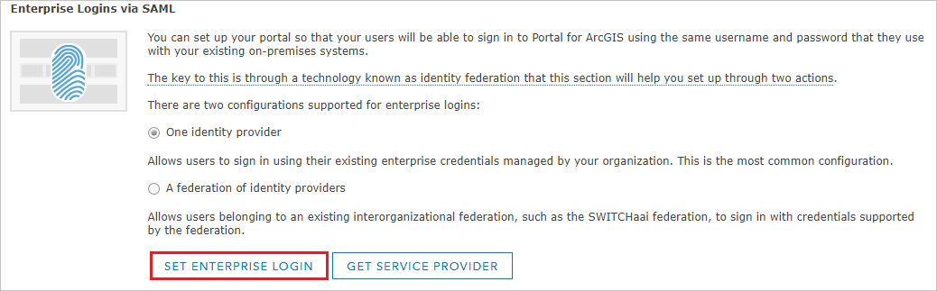 Screenshot che mostra la sezione Enterprise Logins via SAML in cui è possibile selezionare Set Enterprise Login.